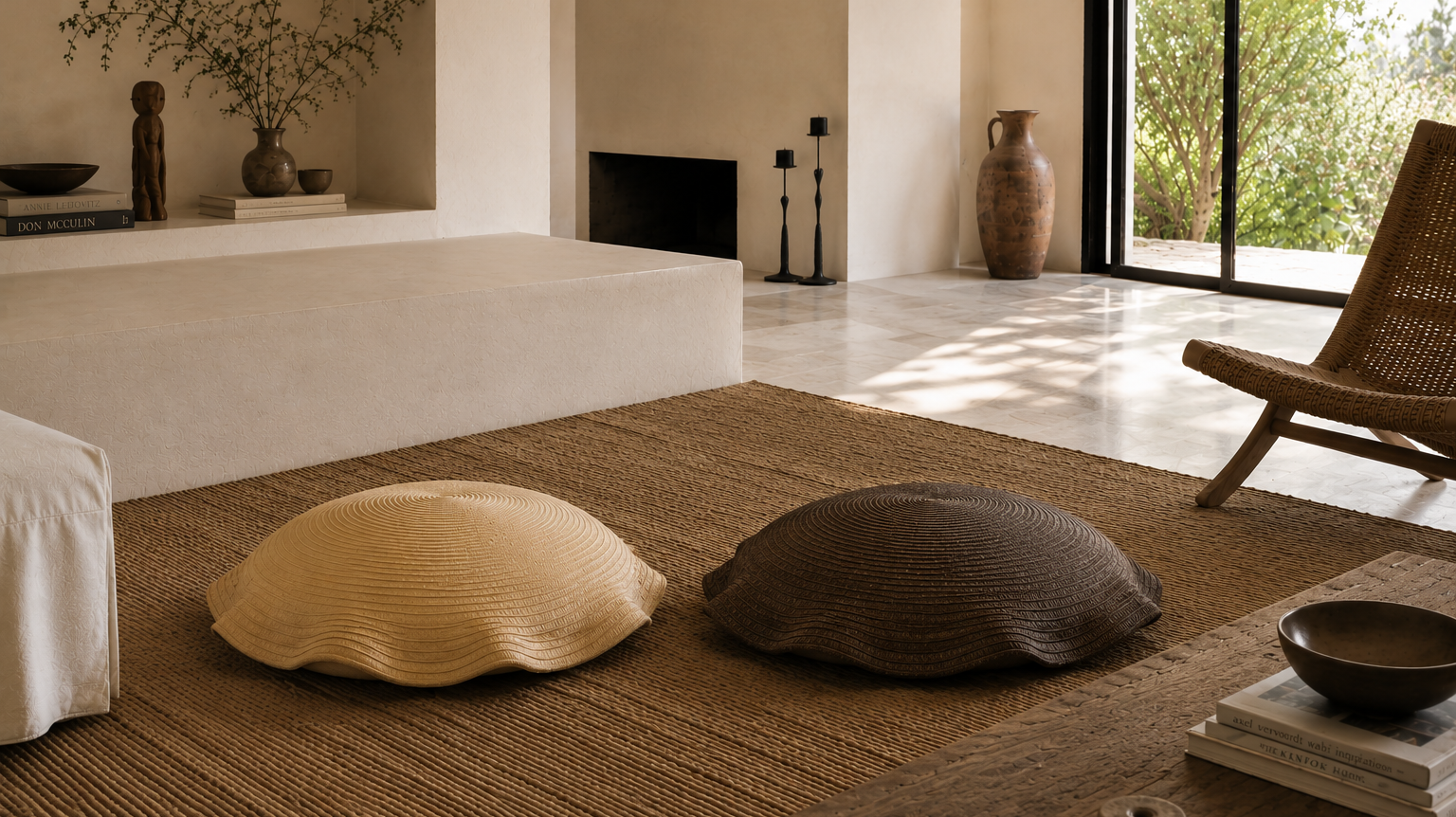 Handmade caña flecha floor pillows by Katünaa — artisan natural fiber ottomans inspired by Zenú weaving traditions, Colombia