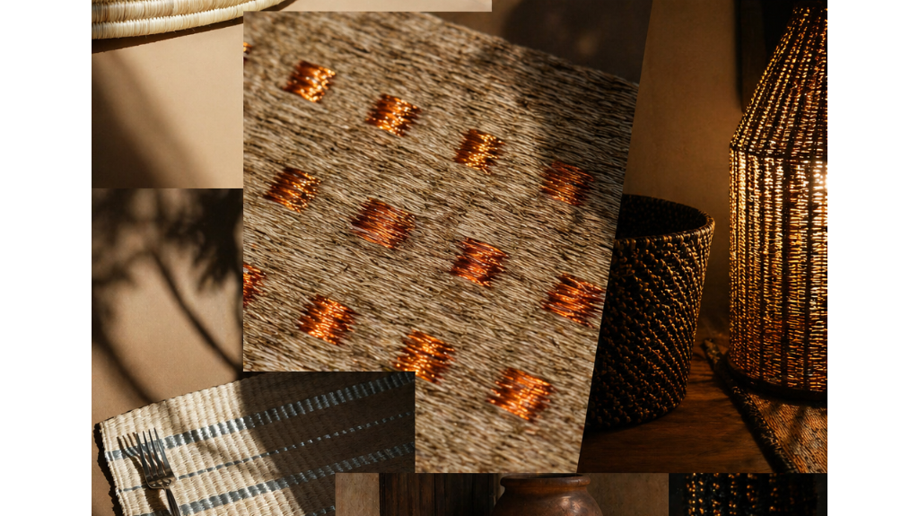 Katünaa handwoven textile detail showing natural fibers and metallic copper threads — artisan rug and table runner made with werregue, silk, fique, and bronze