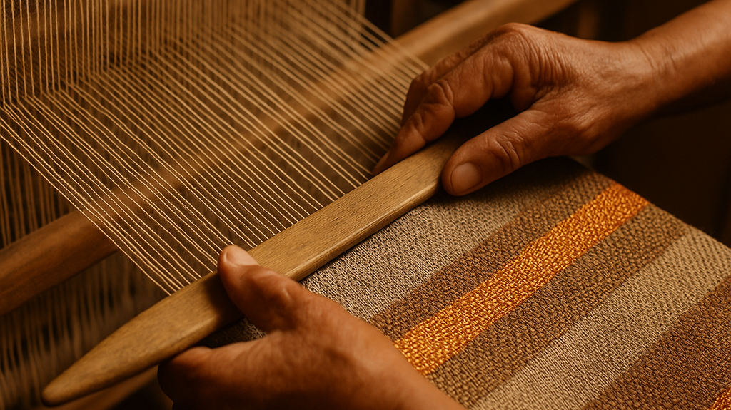 Colombian artisan weaving plantain fiber by hand
