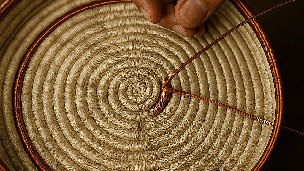 Handcrafted Katünaa centerpiece woven with natural fibers and copper threads.