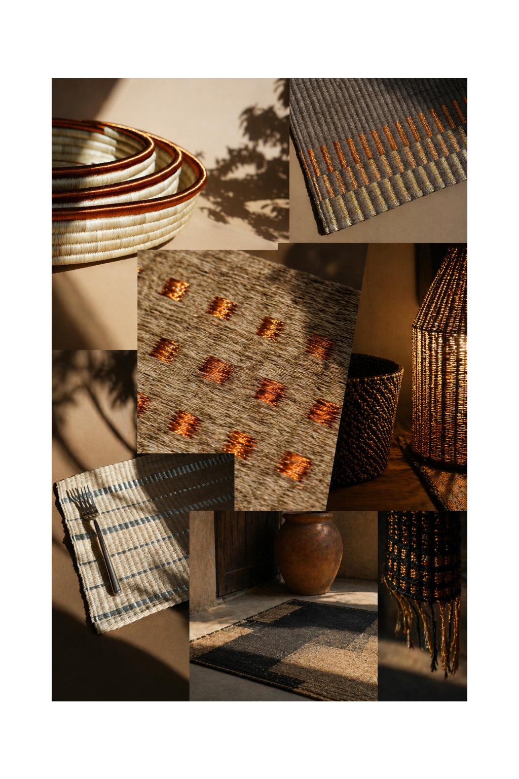 Katünaa handwoven textile detail showing natural fibers and metallic copper threads — artisan rug and table runner made with werregue, silk, fique, and bronze