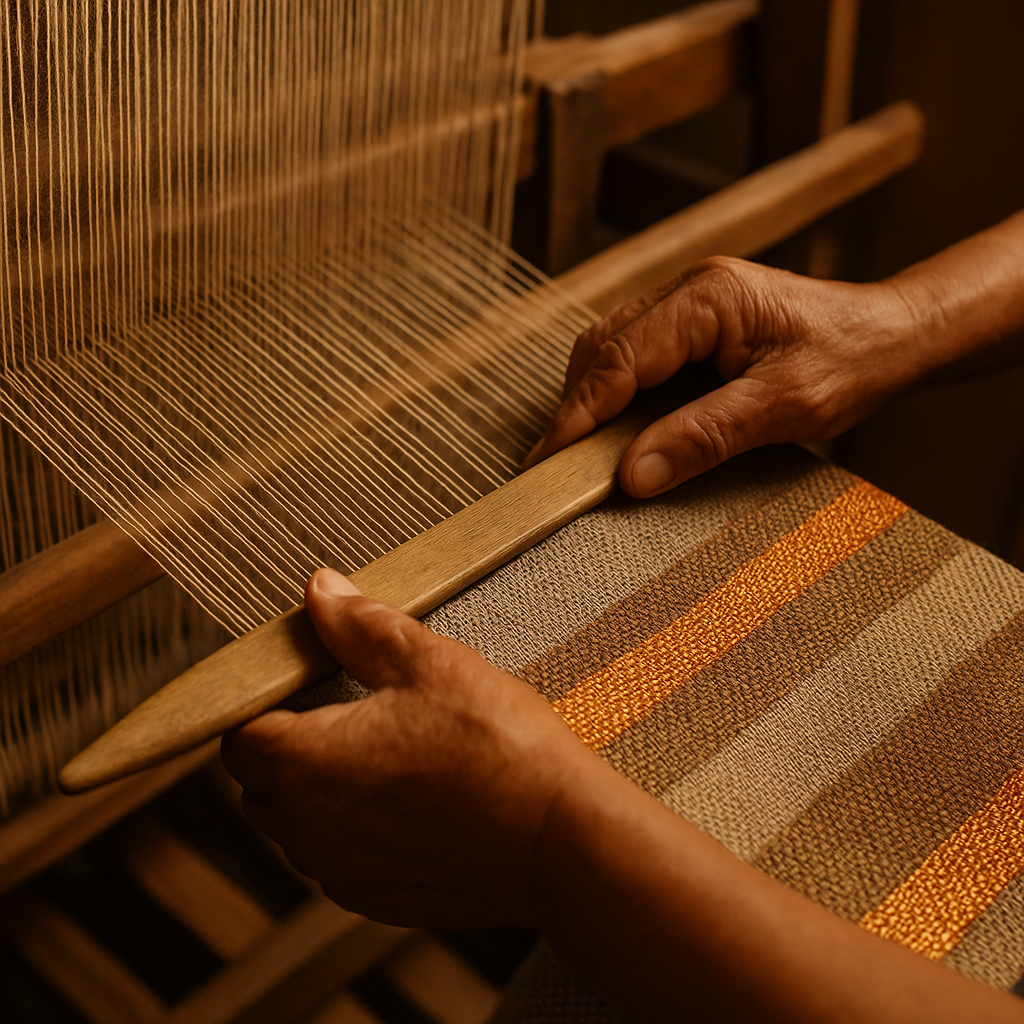 Colombian artisan weaving plantain fiber by hand