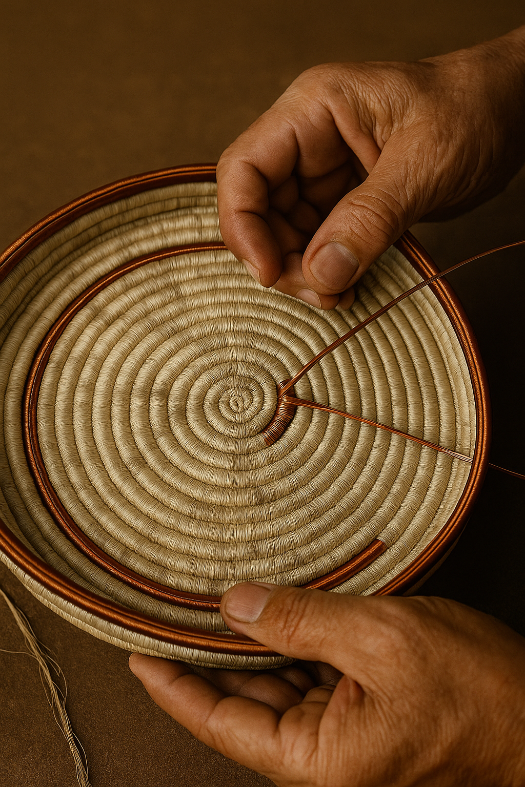 Handcrafted Katünaa centerpiece woven with natural fibers and copper threads.